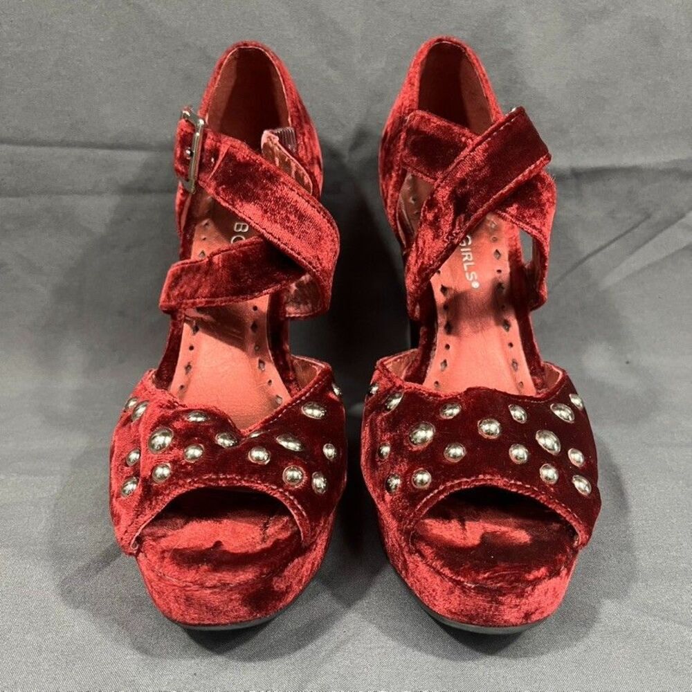 Studded Wedges Womens Burgundy Velvet Heels Peep Toe Platform Size 5 BCBGirls